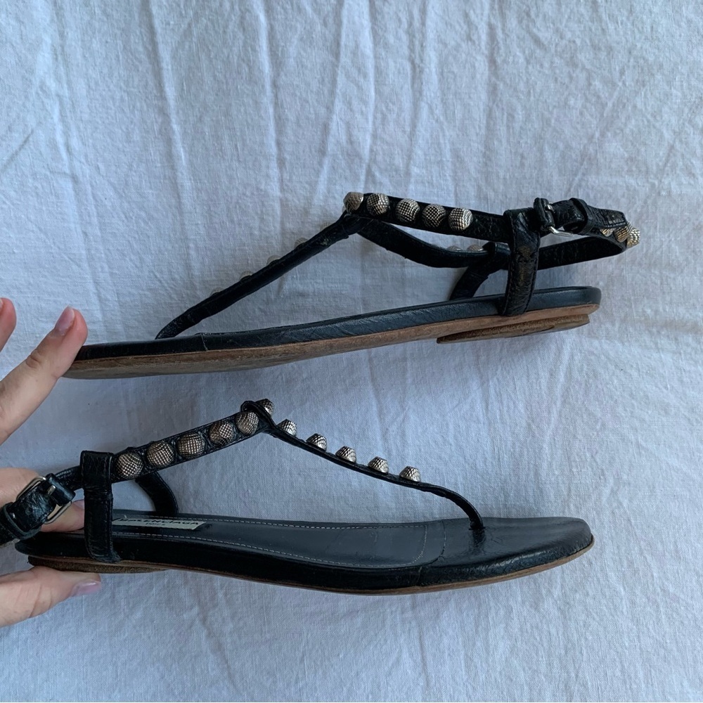 Vintage Balenciaga Arena Silver Stud Leather Thong T Sandals Black - Picture 5 of 10